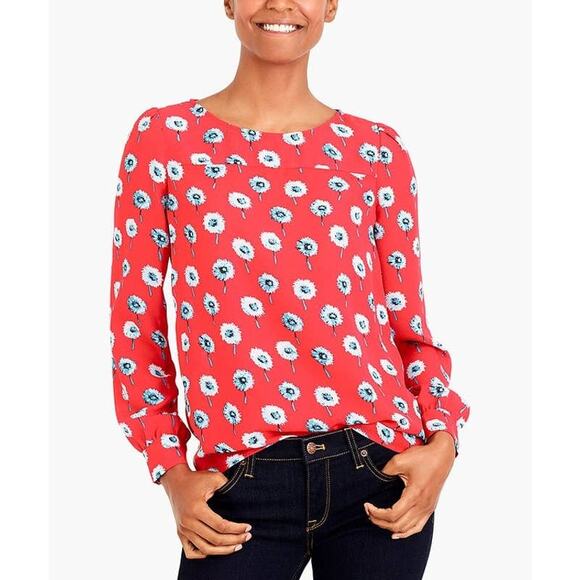 J. Crew Red Longfellow Floral Boatneck Top Blouse XS Red Long Sleeve K4901 - Picture 1 of 12
